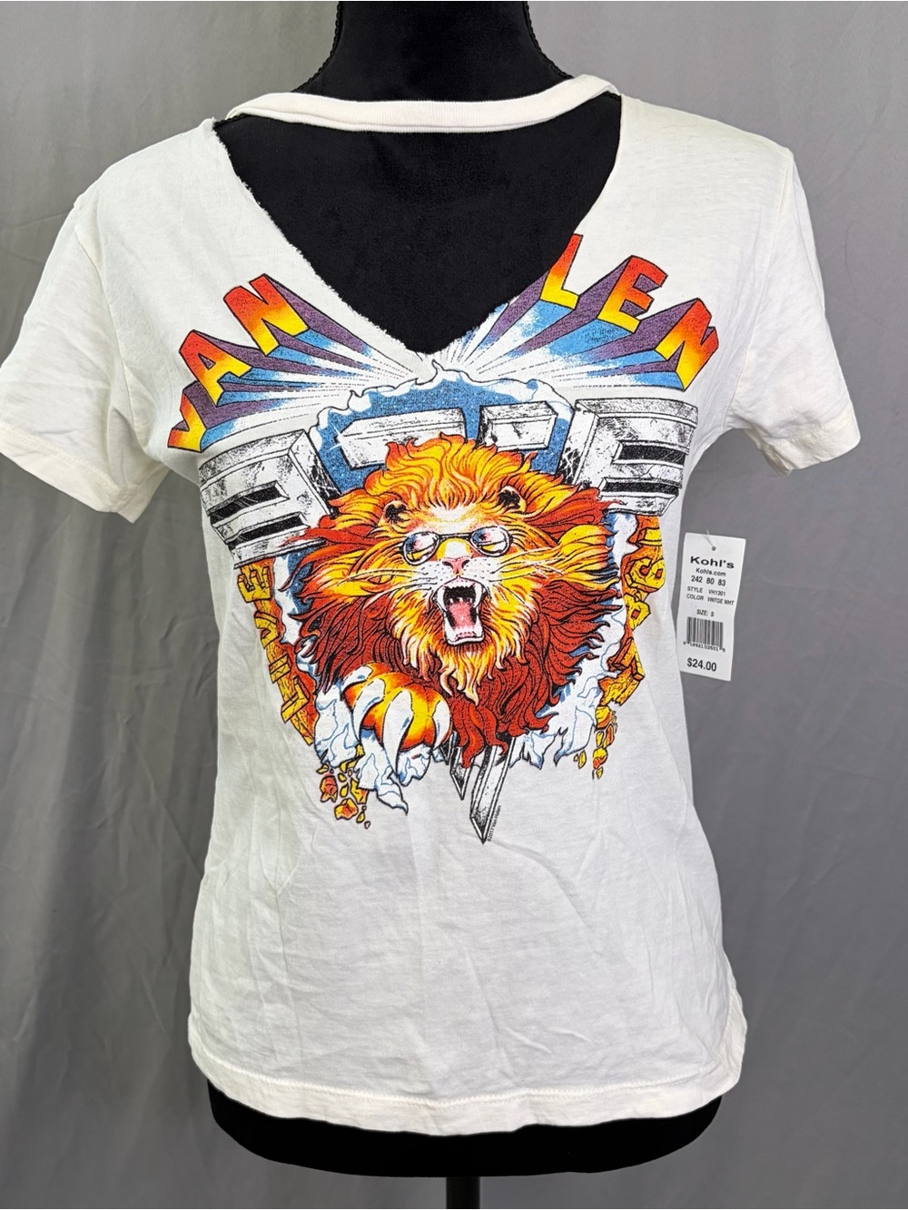 Distressed Van Halen White Graphic Lion Short Sleeve Tee